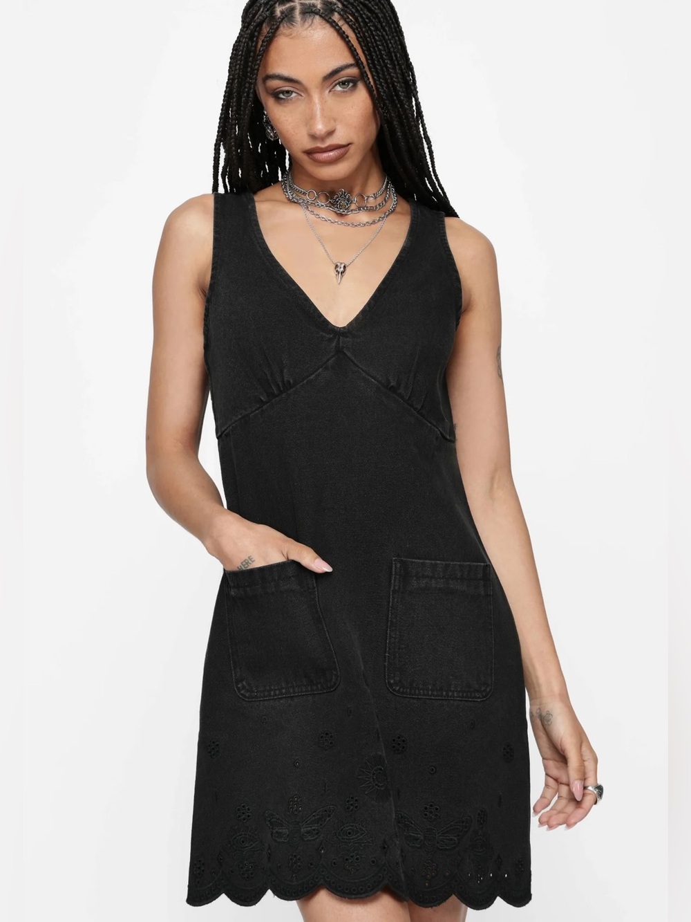 Ayr Broderie Denim Pinafore Dress